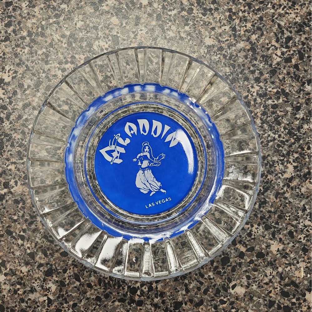 Vintage Aladdin Hotel Casino Las Vegas Clear Glass Blue Genie Ashtray